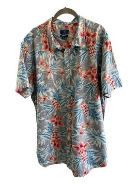 ♥️George♥️ Men’s slim fit gray tropical floral print Hawaiian shirt size 2 XL